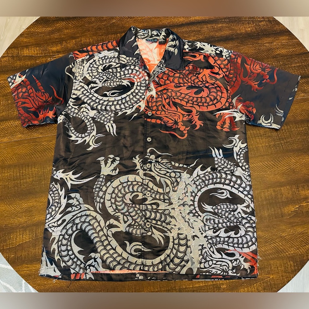 Vintage MT2 Shirt Mens Large Black Red Dragon Button Up Satin Metallic Y2K